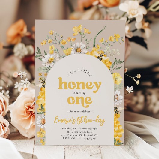 イエローワイルドフラワービーファースト誕生日招待状 招待状