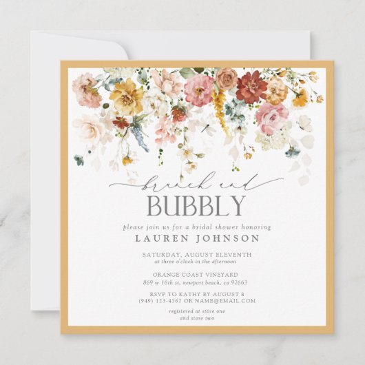イエローワイルドフラワーブランチ&バブリーブライダルシャワー 招待状 (正面)