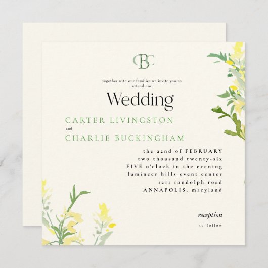 イエローワイルドフラワーモノグラムスクエアウェディング 招待状 (正面/裏面)