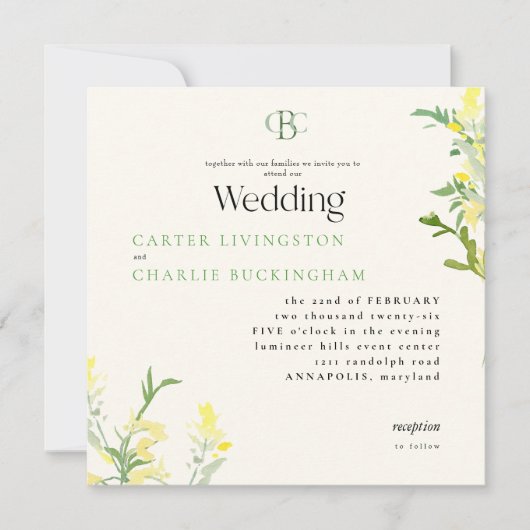 イエローワイルドフラワーモノグラムスクエアウェディング 招待状 (正面)