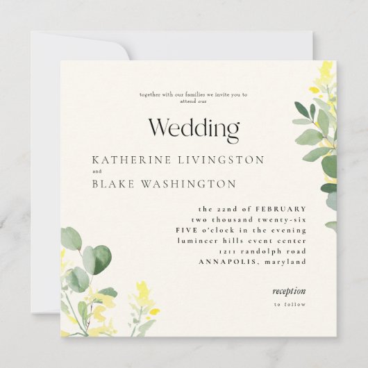イエローワイルドフラワーユーカリプスクエア結婚ズ 招待状 (正面)