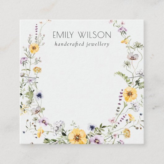 イエローワイルドフラワーリースネックレスバンドテンプレート スクエア名刺 (正面)