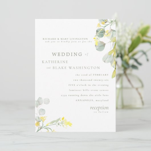 イエローワイルドフラワー&セージ結婚ユーカリ 招待状 (スタンド正面)