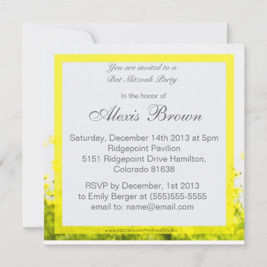 イエローワエレガントイルドフラワーズバルミツワー招待状 招待状 (裏面)
