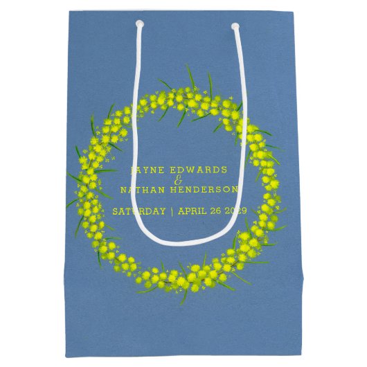 イエローワトルアカシア結婚ブルー抱き枕 ミディアムペーパーバッグ (裏面)