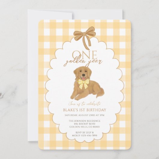 イエローワンゴールデンイヤー子犬の最初の誕生日パーティー 招待状 (正面)
