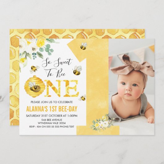 イエローワンフローラハニービーファースト・ビーデイ誕生日 招待状 (正面/裏面)