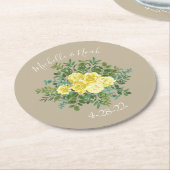 イエローヴィンテージバラエレガントな結婚式 ラウンドペーパーコースター (アングル)