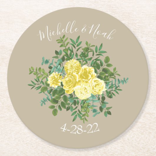イエローヴィンテージバラエレガントな結婚式 ラウンドペーパーコースター (正面)