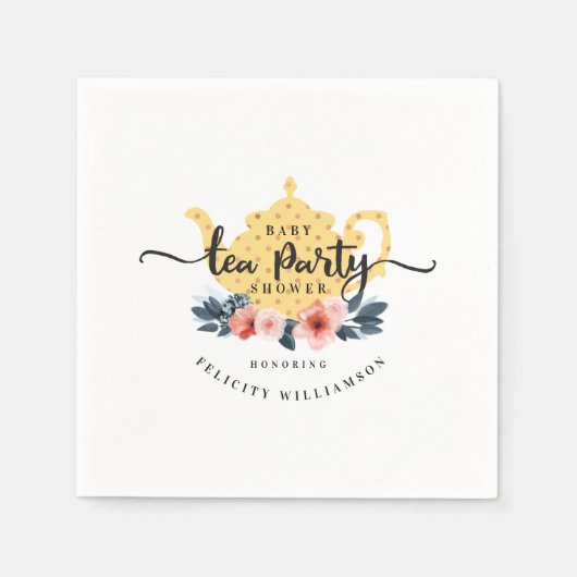 イエローヴィンテージフローラティーポット茶パーティー赤ちゃんシャワー スタンダードカクテルナプキン (正面)