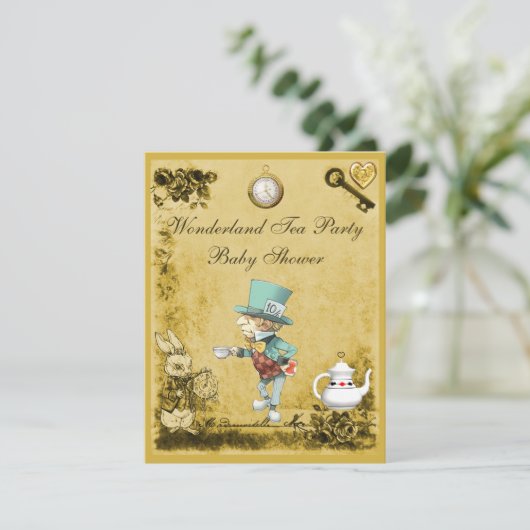イエロー不機嫌ハッターワンダーランドティーパーティーベビーシャワー 招待状 (スタンド正面)