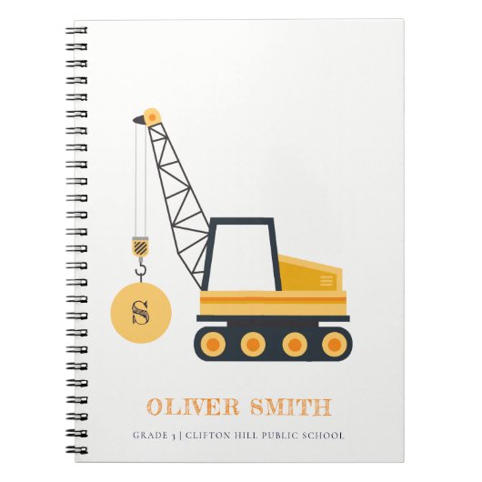 イエロー建築クレーン車モノグラムボーイズ ノートブック (正面)