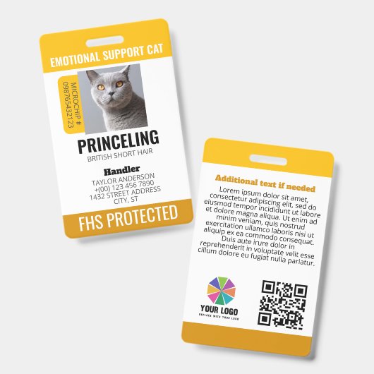 イエロー感情的サポート猫ID バッジ (正面&裏面)