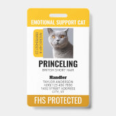 イエロー感情的サポート猫ID バッジ (正面)