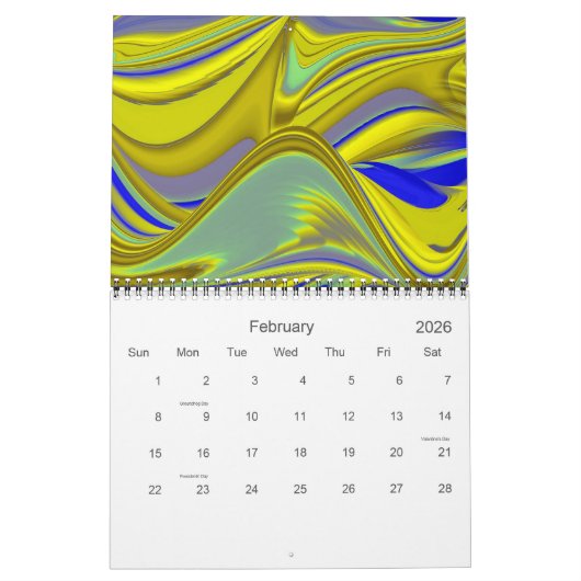 イエロー抽象芸術ファンタジー3Dアート カレンダー (2月 2026)