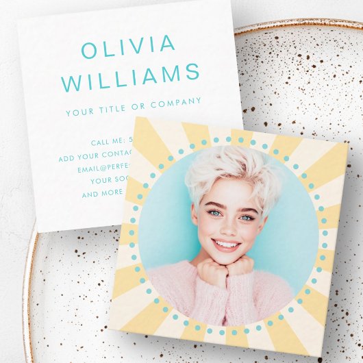 イエロー日が差すことアクアブルードットトレンディー新鮮な写真 スクエア名刺