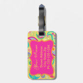 イエロー明るい赤紫色ピンクモダンペイズリーモノグラム ラゲッジタグ (裏面縦)