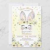 イエロー春バニー耳フラワークラウン誕生日 招待状 (正面)