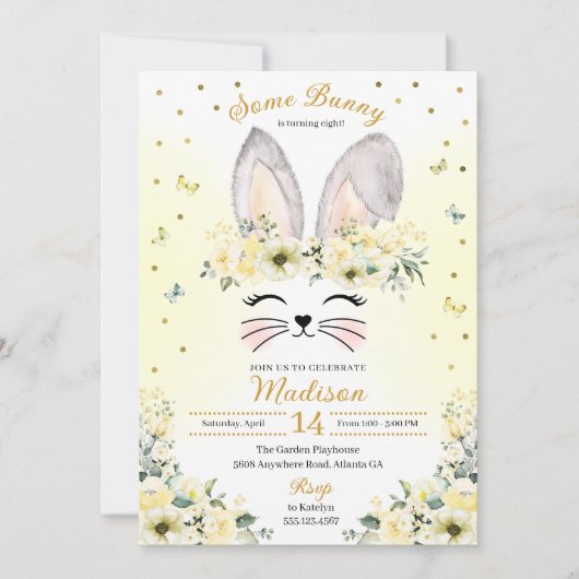 イエロー春バニー耳フラワークラウン誕生日 招待状 (正面)