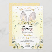 イエロー春バニー耳フラワークラウン誕生日 招待状 (正面/裏面)