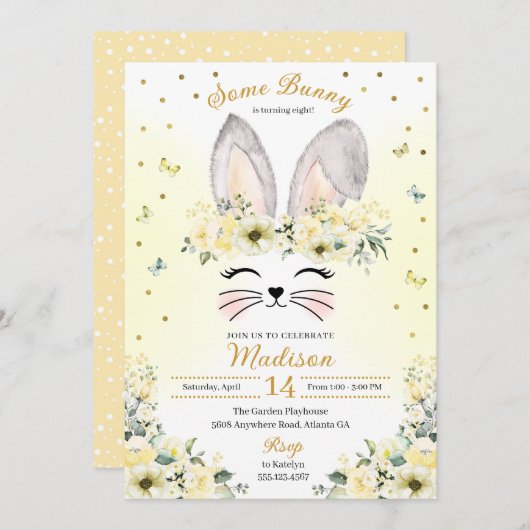 イエロー春バニー耳フラワークラウン誕生日 招待状 (正面/裏面)