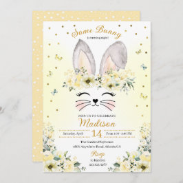 イエロー春バニー耳フラワークラウン誕生日 招待状