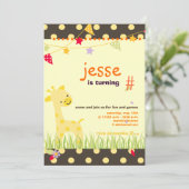 イエロー水玉模様キリンパーソナライズされたパーティー 招待状 (スタンド正面)