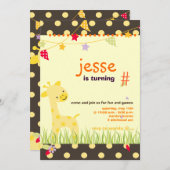 イエロー水玉模様キリンパーソナライズされたパーティー 招待状 (正面/裏面)