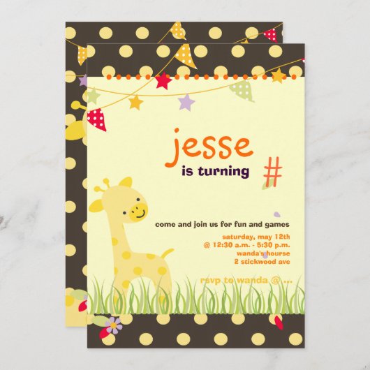 イエロー水玉模様キリンパーソナライズされたパーティー 招待状 (正面/裏面)