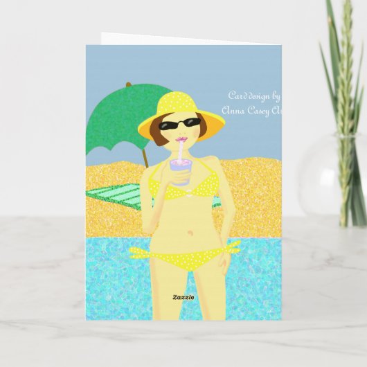 イエロー水玉模様ビキニビーチ誕生日ガール カード (裏面)
