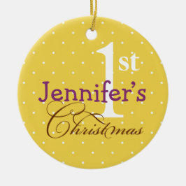 イエロー水玉模様紫の名前ベビー第1休日 セラミックオーナメント
