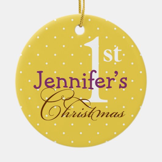 イエロー水玉模様紫の名前ベビー第1休日 セラミックオーナメント (正面)