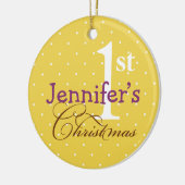 イエロー水玉模様紫の名前ベビー第1休日 セラミックオーナメント (左)