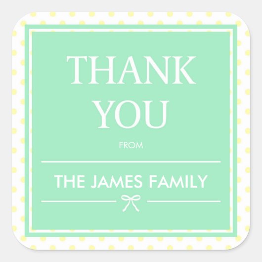 イエロー水玉模様&リボンミントありがとう スクエアシール (正面)