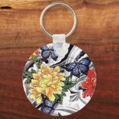 イエロー牡丹とバタフライタトゥーデザイン キーホルダー (正面)