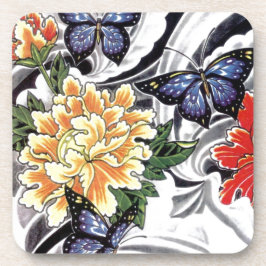 イエロー牡丹とバタフライタトゥーデザイン コースター