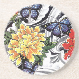 イエロー牡丹とバタフライタトゥーデザイン コースター