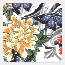 イエロー牡丹とバタフライタトゥーデザイン スクエアシール