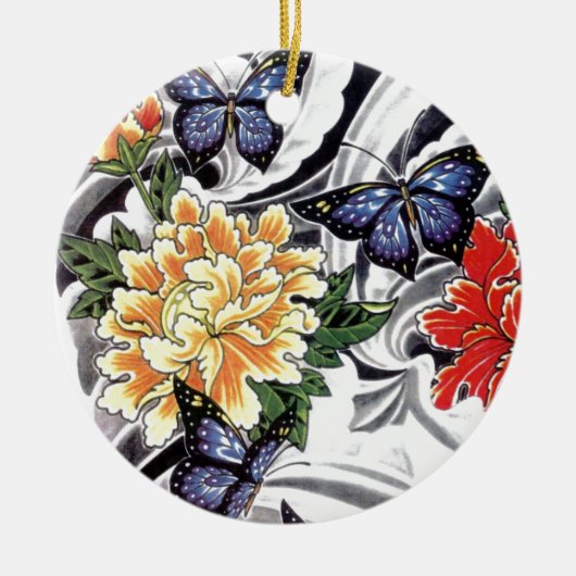 イエロー牡丹とバタフライタトゥーデザイン セラミックオーナメント (正面)