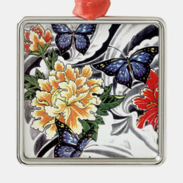 イエロー牡丹とバタフライタトゥーデザイン メタルオーナメント