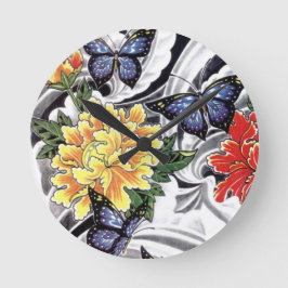 イエロー牡丹とバタフライタトゥーデザイン ラウンド壁時計