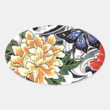 イエロー牡丹とバタフライタトゥーデザイン