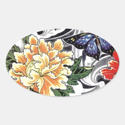 イエロー牡丹とバタフライタトゥーデザイン 楕円形シール (正面)