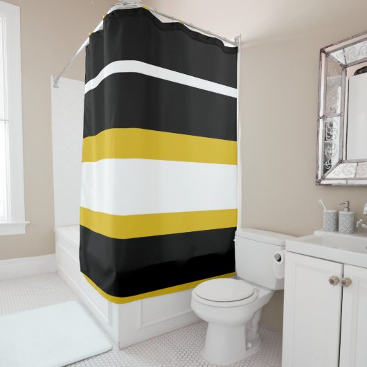 イエロー白黒ストライプズビーストライプ シャワーカーテン (インサイチュ)