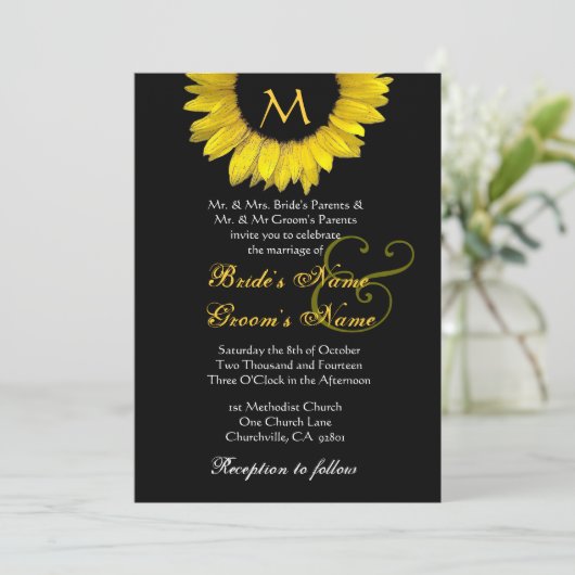 イエロー白黒ヒマワリ結婚式招待状 招待状 (スタンド正面)