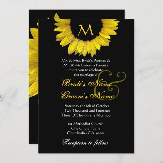 イエロー白黒ヒマワリ結婚式招待状 招待状 (正面/裏面)