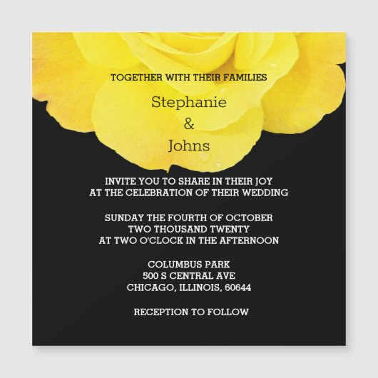 イエロー白黒フローラシンプルバラ結婚ズ マグネット招待状 (正面)