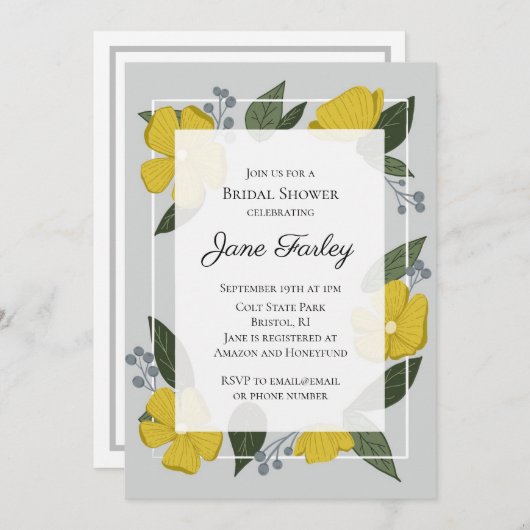 イエロー花模様ブライダルシャワー招待 サンキューカード (正面/裏面)