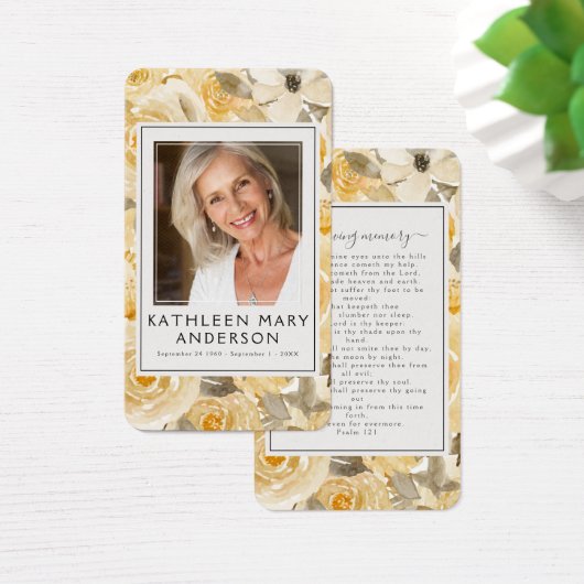 イエロー花模様写真葬儀記念祈りの言葉カード (デスク)