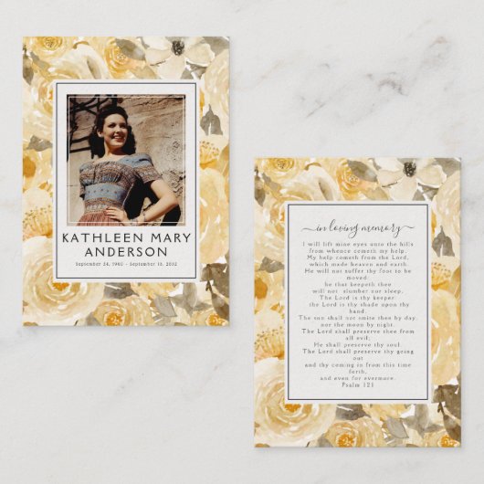 イエロー花模様写真葬儀記念祈りの言葉カード ノートカード (正面/裏面)